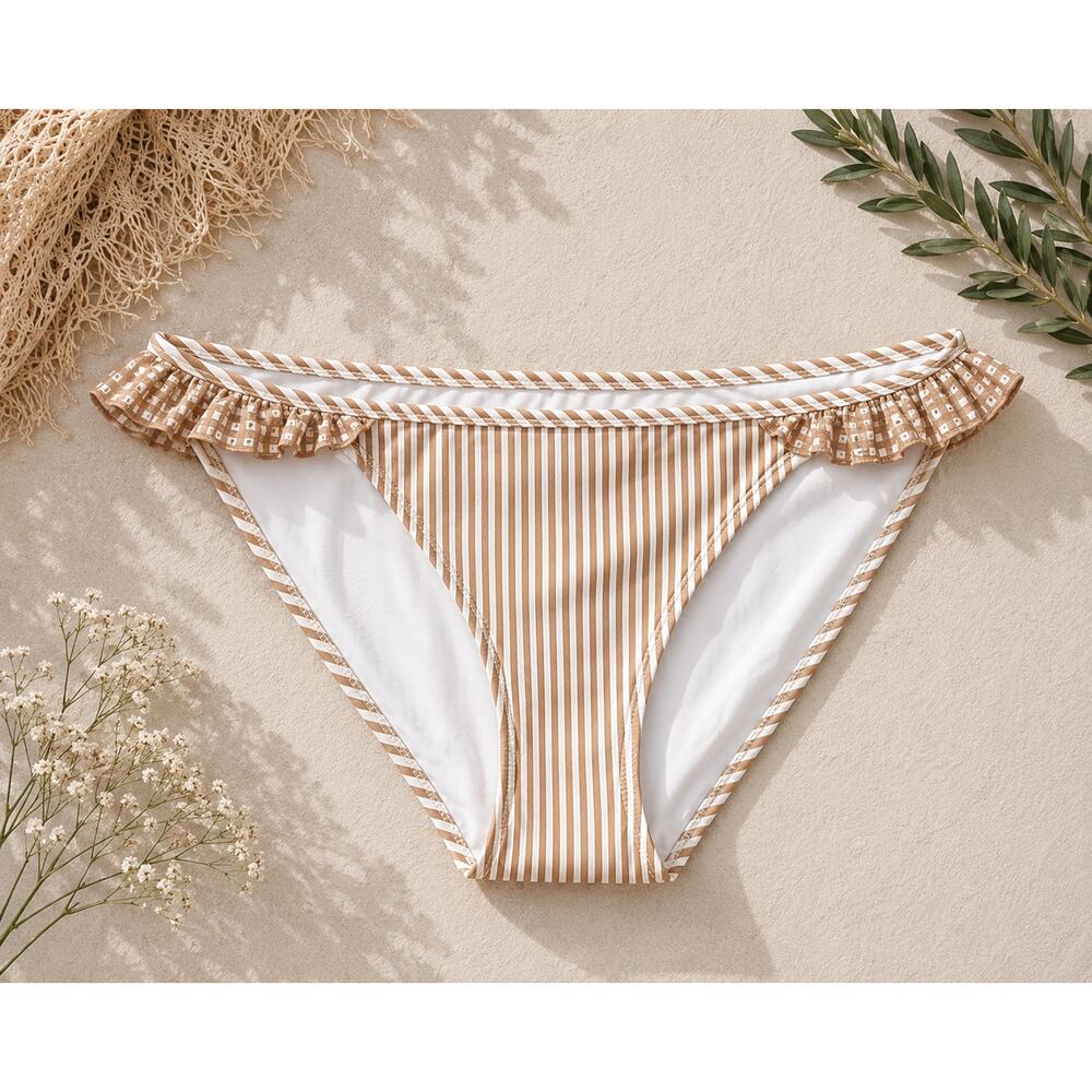 NWT Aerie Women's Seersucker Striped Ruffle Bikini Bottom Raw Sienna Size M